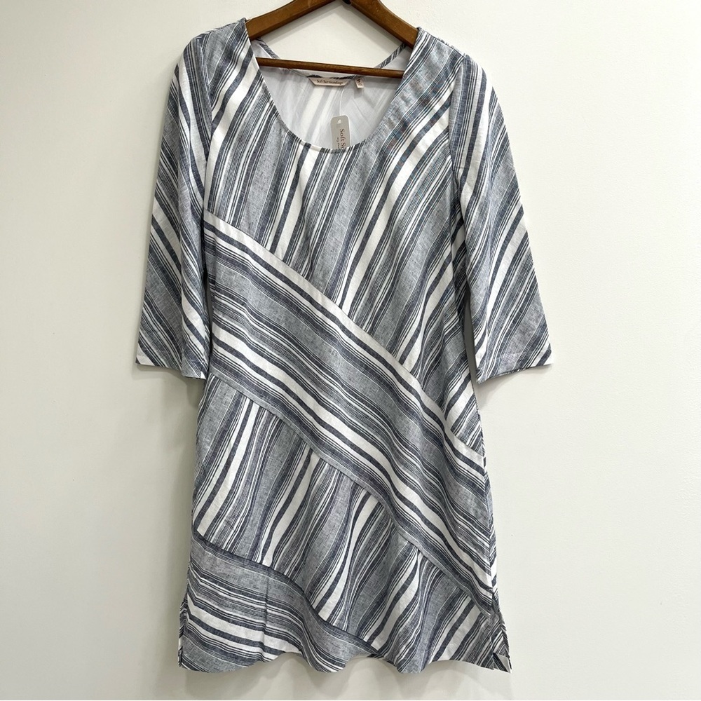 Soft Surroundings Sonya Linen Dress White Blue Striped Pockets Medium Petite